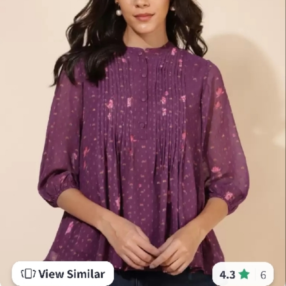 Purple Mandarin Collar Puff Sleeve Blouse